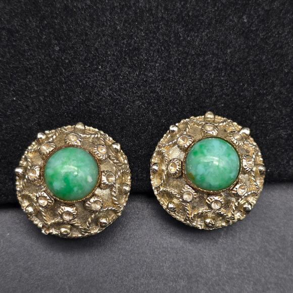 Vintage Peking Glass Clip On Earrings Gold Tone Round Circle - Picture 5 of 7